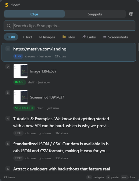 The Shelf popup showing clipboard history with category filters and search
