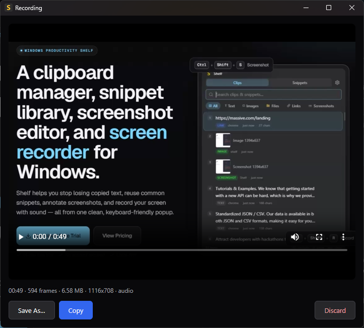 Shelf recording preview window playing a finished MP4 with duration, size, resolution and audio status, and Save As, Copy and Discard buttons