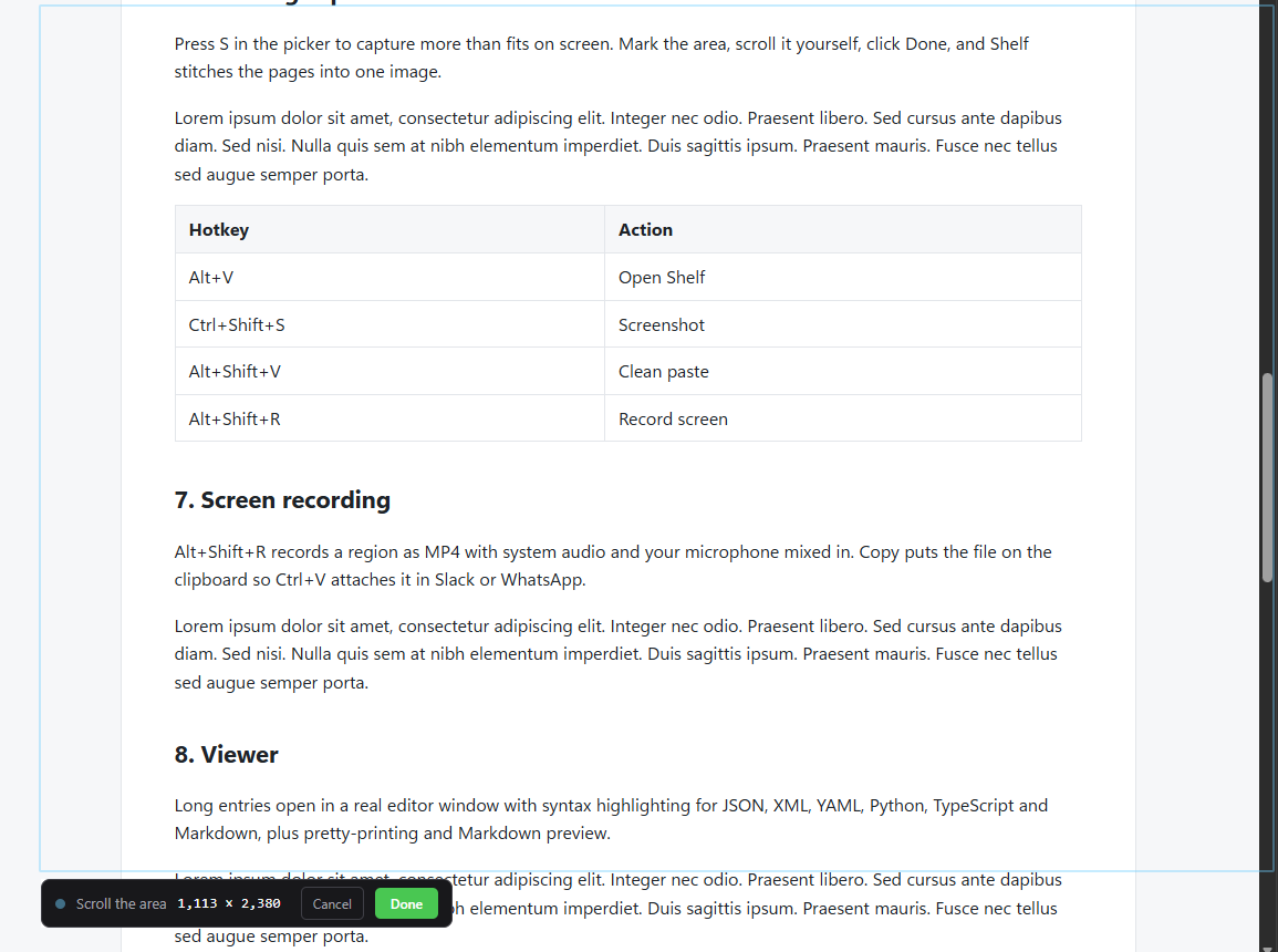 A web page inside Shelf's blue scrolling-capture outline, with the floating bar showing the captured size growing and Cancel and Done buttons