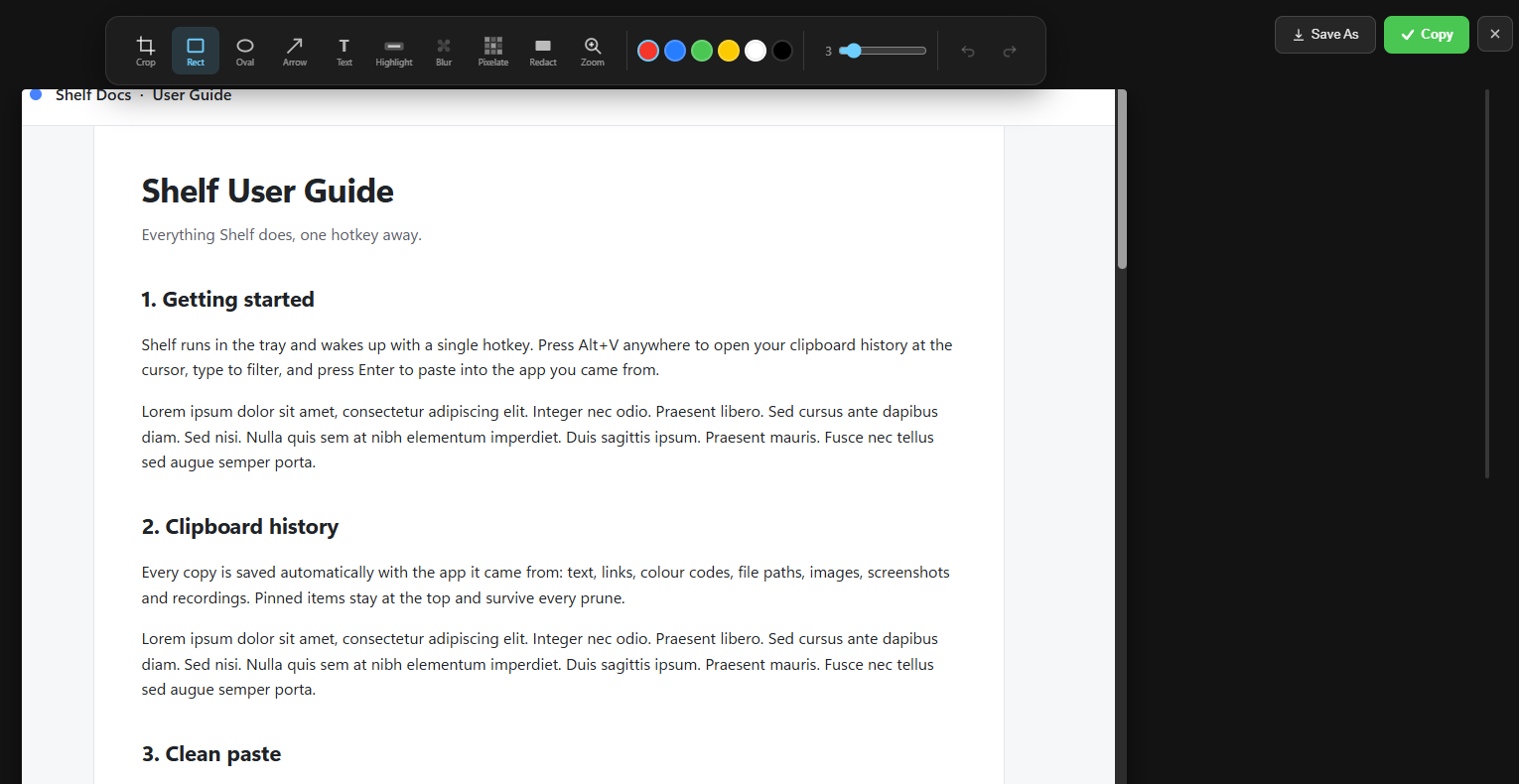 The Shelf editor showing a stitched page that is several screens tall, scrollable at readable width with the annotation toolbar above