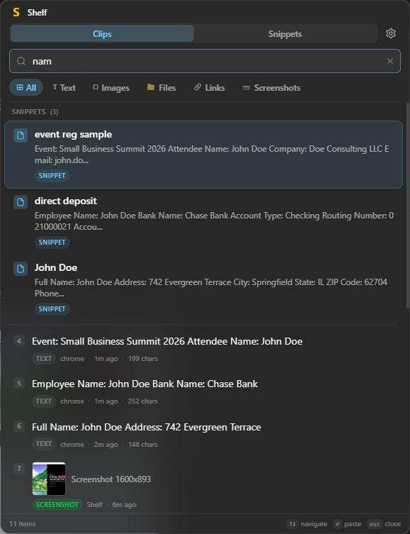 Searching clipboard history in Shelf and instantly filtering results