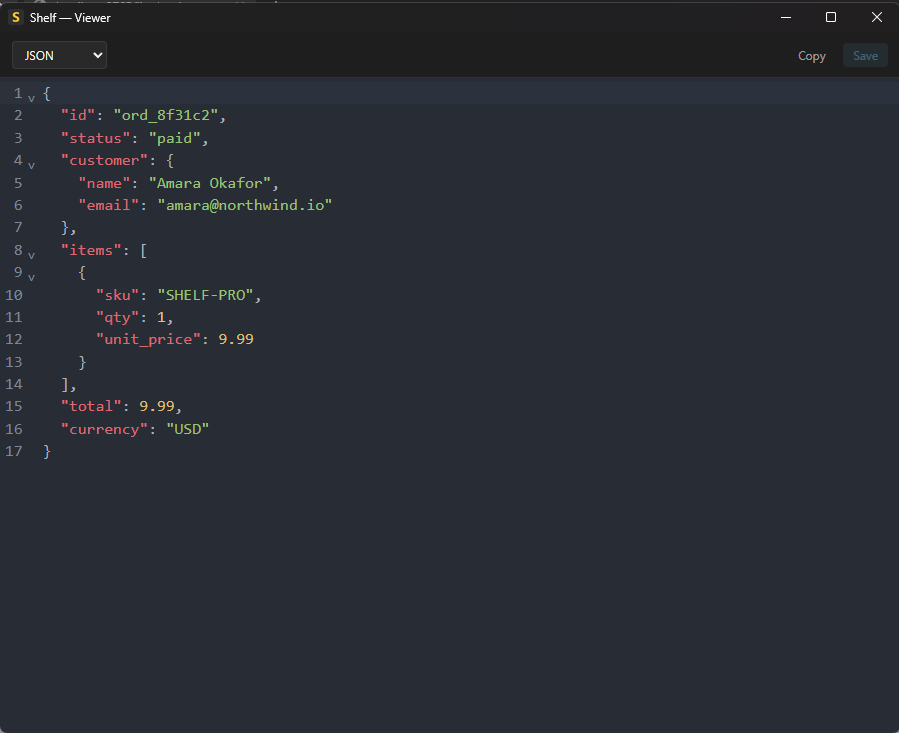 Shelf viewer window showing a JSON clipboard entry pretty-printed with syntax highlighting